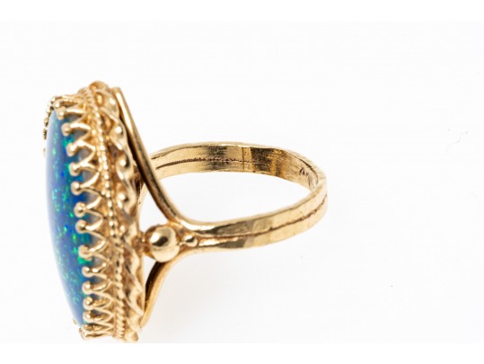 14k Yellow Gold Stunning Blue Green Opal Doublet Ring, Size 5.5