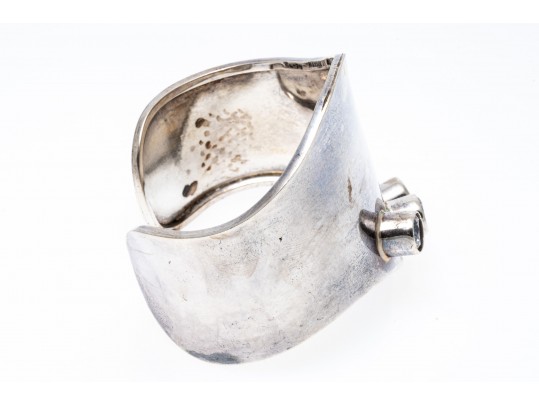 Sterling Silver Striking Ultra Wide Contemporary Swirl Cuff Bracelet, Set With CZ Stones