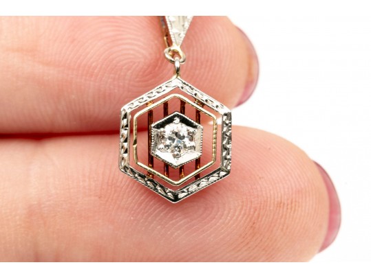 14K White Gold Vintage Style Diamond Drop Pendant Necklace