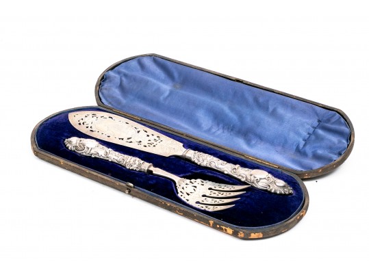 Sheffield, England Magnificent Antique Sterling Fish Set, Circa 1861, Beautifully Chased, With Box