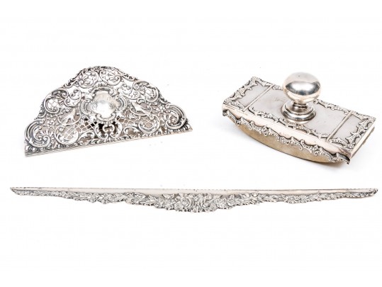 Sterling Silver Vintage Complementary Ornate Patterned Desk Set Items, Various Makers