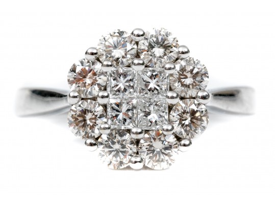 14K White Gold Radiant Princess And Round Brilliant Cut Diamond Cluster Ring, Size 7.25