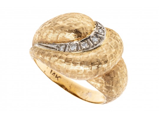 14k Yellow Gold Vintage Diamond Swirl Dome Ring, Florentine Finished, Size 6.75