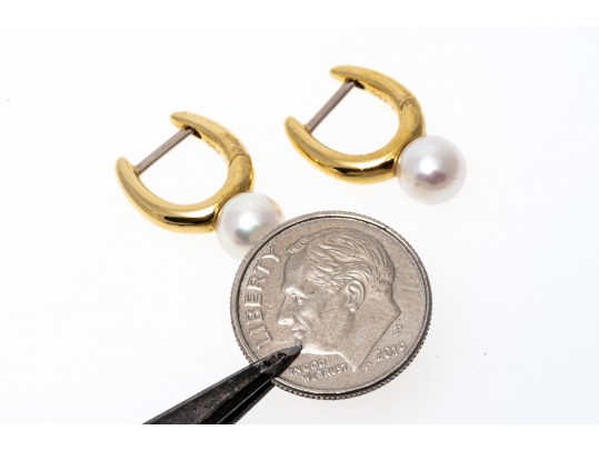 Mikimoto Lovely 18kyg Cultured Pearl Set Hoop Earrings, With Box