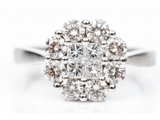 14K White Gold Radiant Princess And Round Brilliant Cut Diamond Cluster Ring, Size 7.25