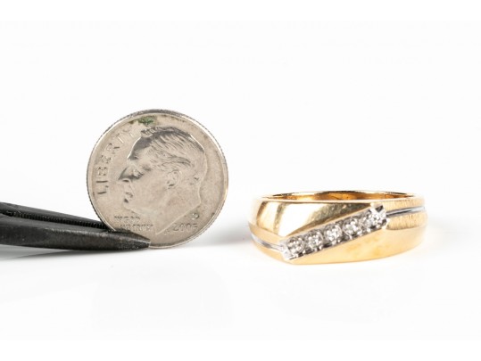 14k Yellow Gold Offset Diagonal Profile Diamond Set Ring, App. 0.03 TCW, Size 9.75