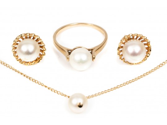 Collection Of 14K And Cultured Pearl Necklace, Earrings And Ring, Size 6