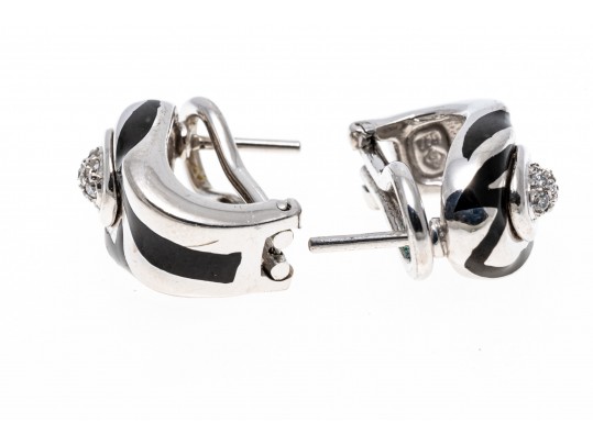 18k White Gold Stunning Black Enamel And Pave Diamond Half Hoop Earrings