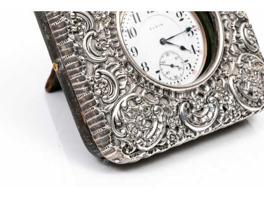 English Vintage Sterling Repousse Pocketwatch Holder With Gold Filled Elgin Watch