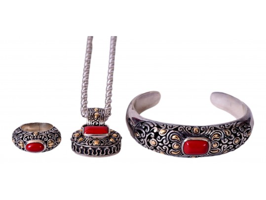 Samuel Benham BJC Sterling Silver, 18K Red Coral Jewelry Suite