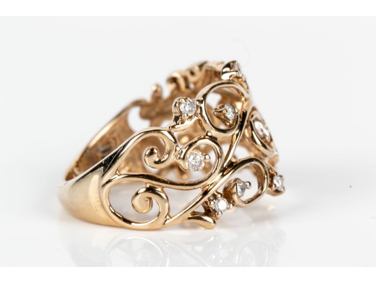 Stunning 10K Open Scrollwork And Diamond Ring, Size 7.5