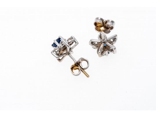 14k White Gold Stunning Round Sapphire And Diamond Halo Earring