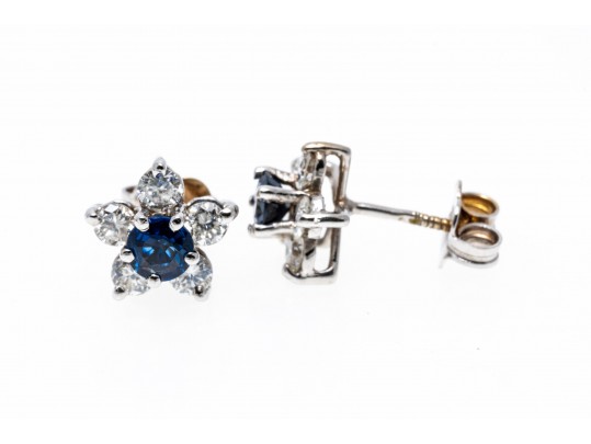 14k White Gold Stunning Round Sapphire And Diamond Halo Earring