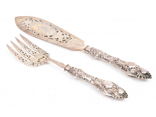 Sheffield, England Magnificent Antique Sterling Fish Set, Circa 1861, Beautifully Chased, With Box