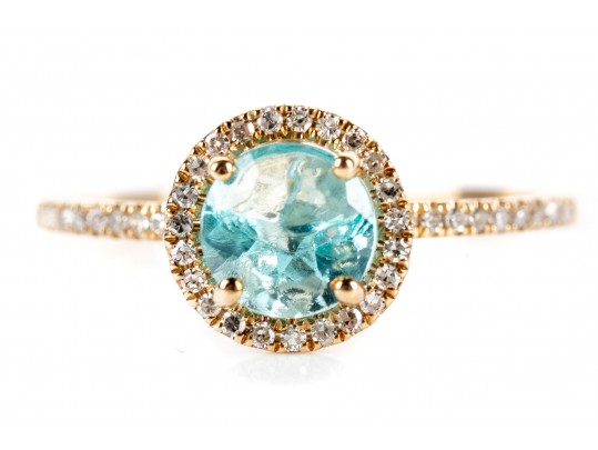 10K Blue Glass And Diamond Halo Ring, Size 6.75-