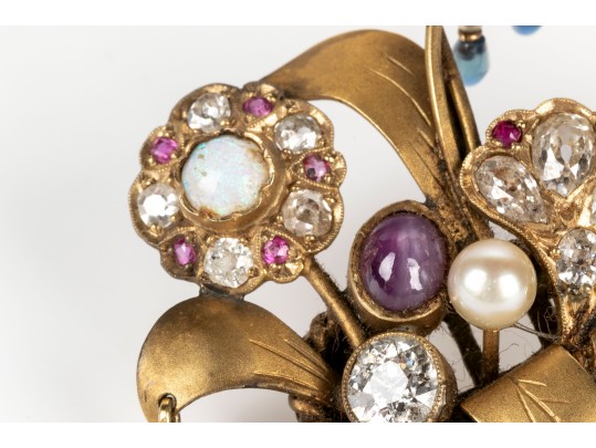 Pretty Antique 14k Yellow Gold Diamond And Gemstone Basket And Flower Motif Brooch