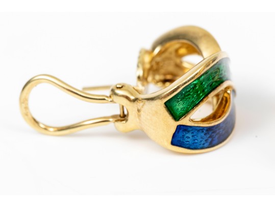 Vibrant Blue And Green Enamel 18K Earrings 
