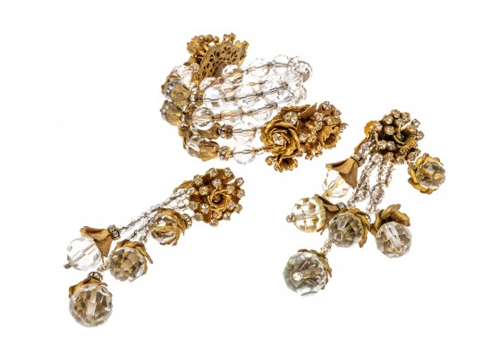 MIriam Haskell Stunning Double Row Crystal And Flower Bracelet And Earrings Set