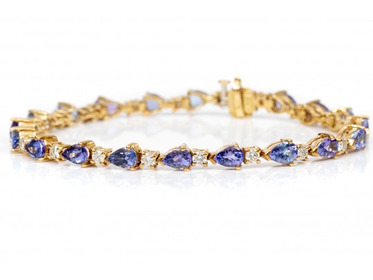 18K Alternating Pear Tanzanite And Round Diamond Line Bracelet