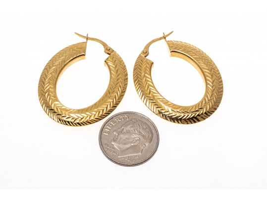 14K Diamond Cut Elongated Hoop Earrings