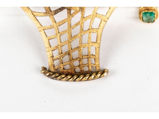 Pretty Antique 14k Yellow Gold Diamond And Gemstone Basket And Flower Motif Brooch