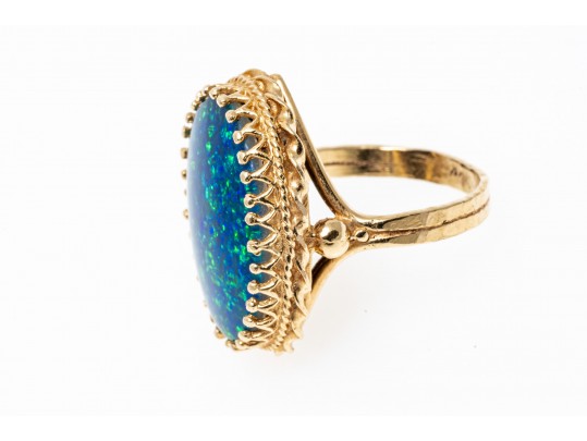 14k Yellow Gold Stunning Blue Green Opal Doublet Ring, Size 5.5