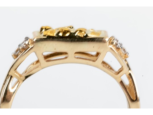 14K And Diamond Ring With 24K Textured Image, Size 7