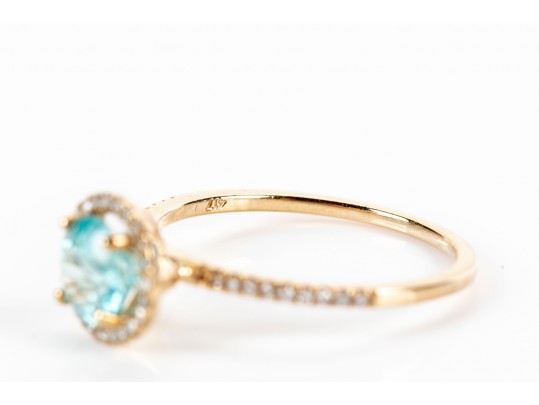 10K Blue Glass And Diamond Halo Ring, Size 6.75-