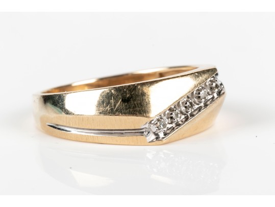 14k Yellow Gold Offset Diagonal Profile Diamond Set Ring, App. 0.03 TCW, Size 9.75