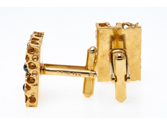 14k Yellow Gold Striking Retro Nugget And Sapphire Motif Cufflinks