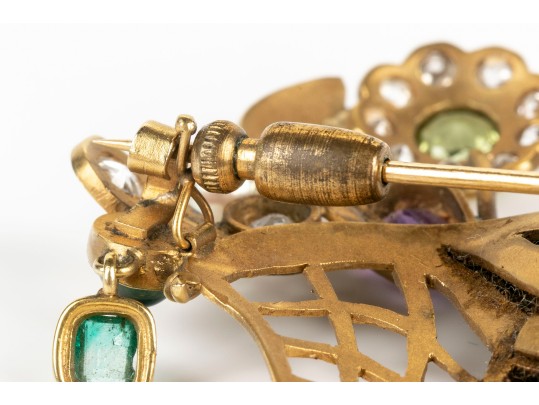 Pretty Antique 14k Yellow Gold Diamond And Gemstone Basket And Flower Motif Brooch