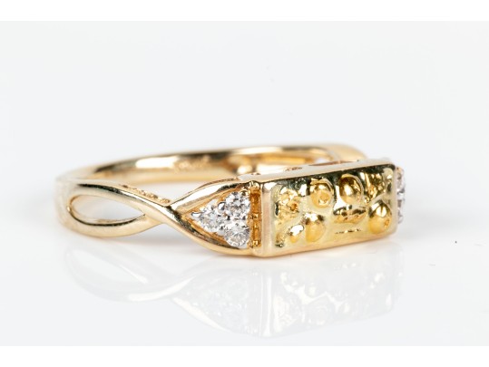 14K And Diamond Ring With 24K Textured Image, Size 7