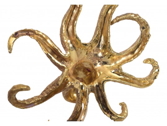 Playful 18k Yellow Gold Diamond Ruby Eyed Octopus Brooch