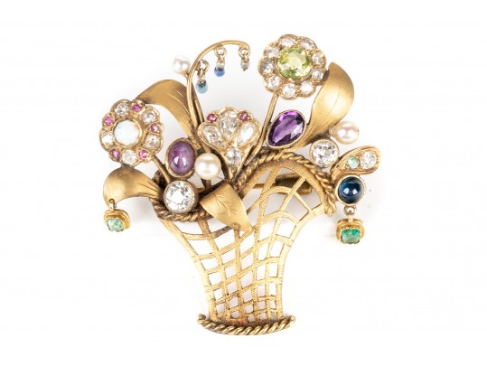 Pretty Antique 14k Yellow Gold Diamond And Gemstone Basket And Flower Motif Brooch
