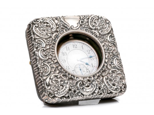 English Vintage Sterling Repousse Pocketwatch Holder With Gold Filled Elgin Watch