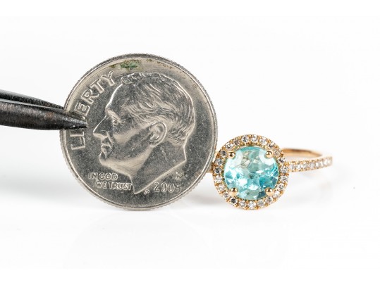 10K Blue Glass And Diamond Halo Ring, Size 6.75-