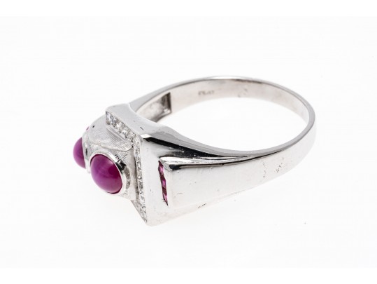 Artistic Platinum Synthetic Ruby And Star Ruby With Diamond Ring, Size 10.5