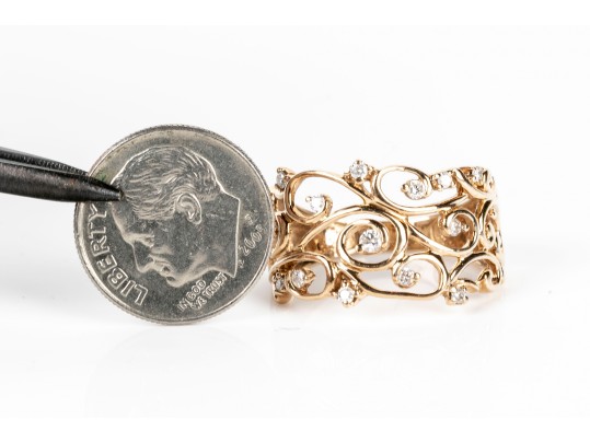 Stunning 10K Open Scrollwork And Diamond Ring, Size 7.5