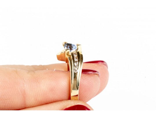 Modern 14K Triangular Tanzanite And Diamond Ring, Size 6.25
