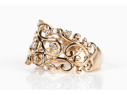 Stunning 10K Open Scrollwork And Diamond Ring, Size 7.5