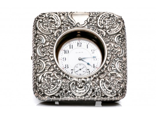 English Vintage Sterling Repousse Pocketwatch Holder With Gold Filled Elgin Watch