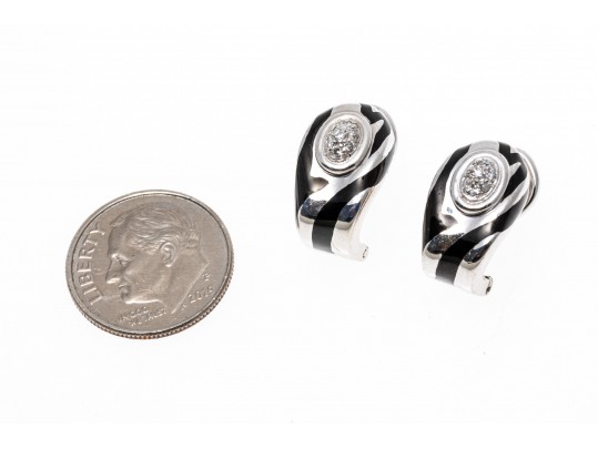 18k White Gold Stunning Black Enamel And Pave Diamond Half Hoop Earrings