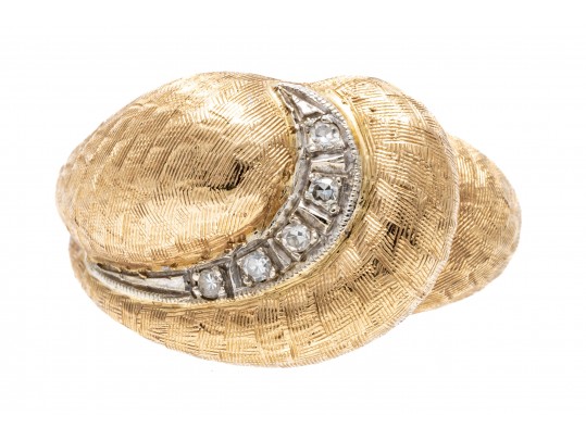 14k Yellow Gold Vintage Diamond Swirl Dome Ring, Florentine Finished, Size 6.75