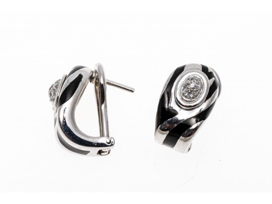 18k White Gold Stunning Black Enamel And Pave Diamond Half Hoop Earrings