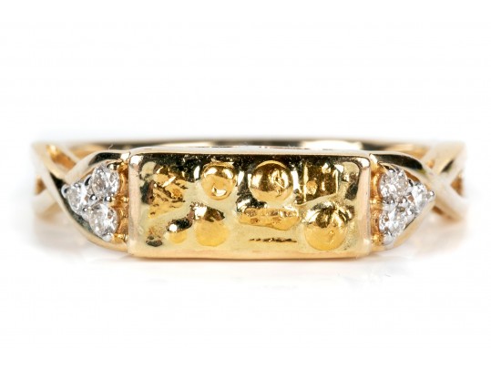 14K And Diamond Ring With 24K Textured Image, Size 7