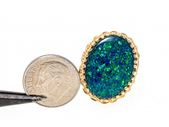 14k Yellow Gold Stunning Blue Green Opal Doublet Ring, Size 5.5