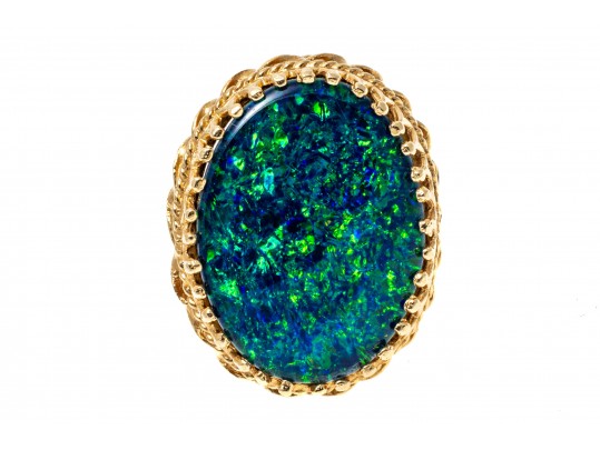 14k Yellow Gold Stunning Blue Green Opal Doublet Ring, Size 5.5