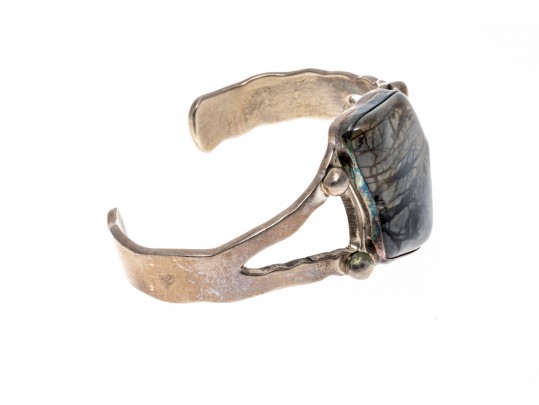 A.Cadman Sterling Silver Fabulous Hand Wrought Picture Jasper Cuff Bracelet