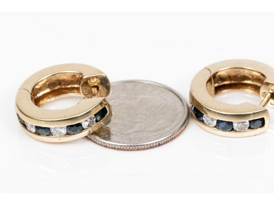 14K Diamond And Sapphire Channel Set Huggie Hoop Earrings