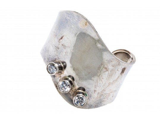 Sterling Silver Striking Ultra Wide Contemporary Swirl Cuff Bracelet, Set With CZ Stones